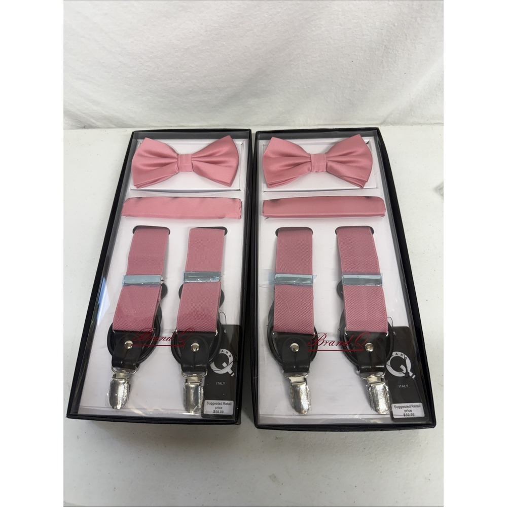 Lot Of 2, Brand Q Men's Bow Tie, Handkerchief, And Suspender Set Dusty Rose